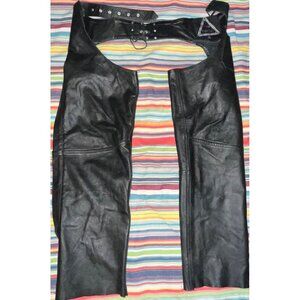 Pro Force Black Leather Motorcycle Chaps With Adjustable Waist Snap Closures
